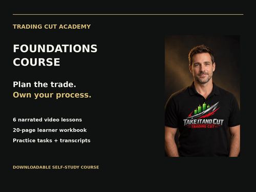 Trading Cut Academy Foundations Course — presenter wearing Take It And Cut logo
